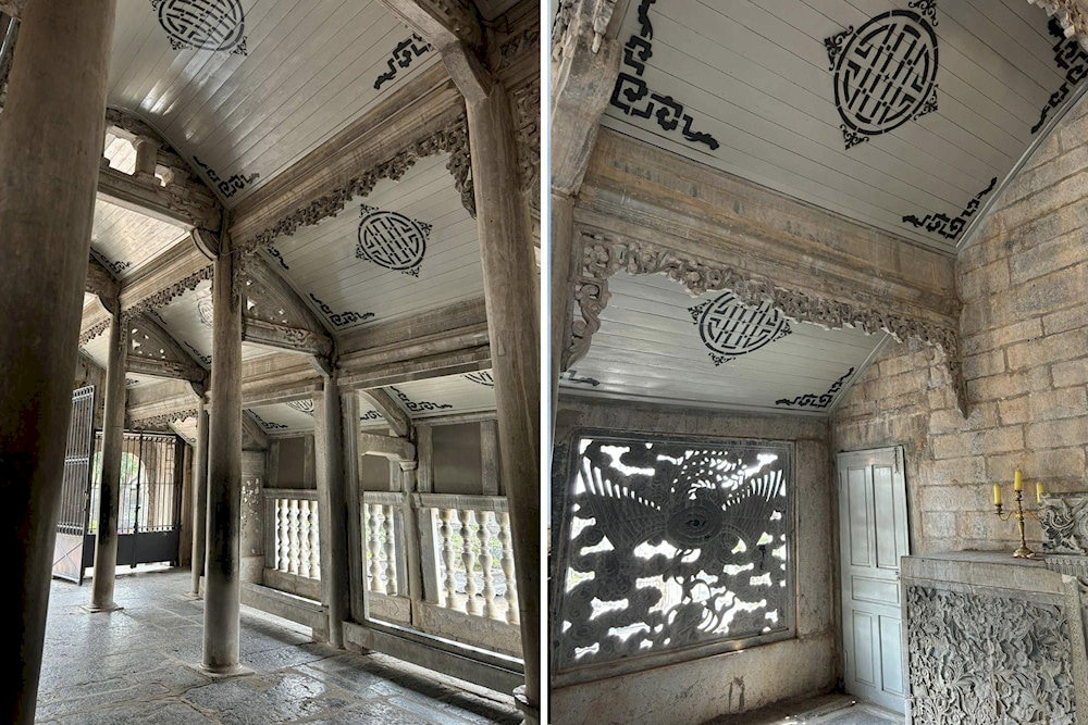 The sturdy columns and intricately carved vaulted roof highlight the harmony between Eastern and Western architectural styles 